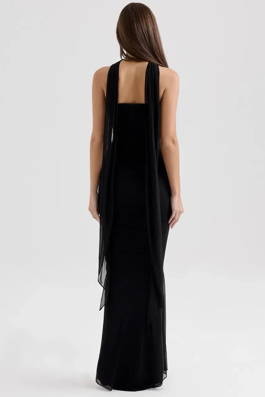 House of CB Black Hallie Strapless Corset With Neck Scarf & Cassidy Fluted Hem Maxi Skirt Set Size in Black XS / AU 6 - Image 3