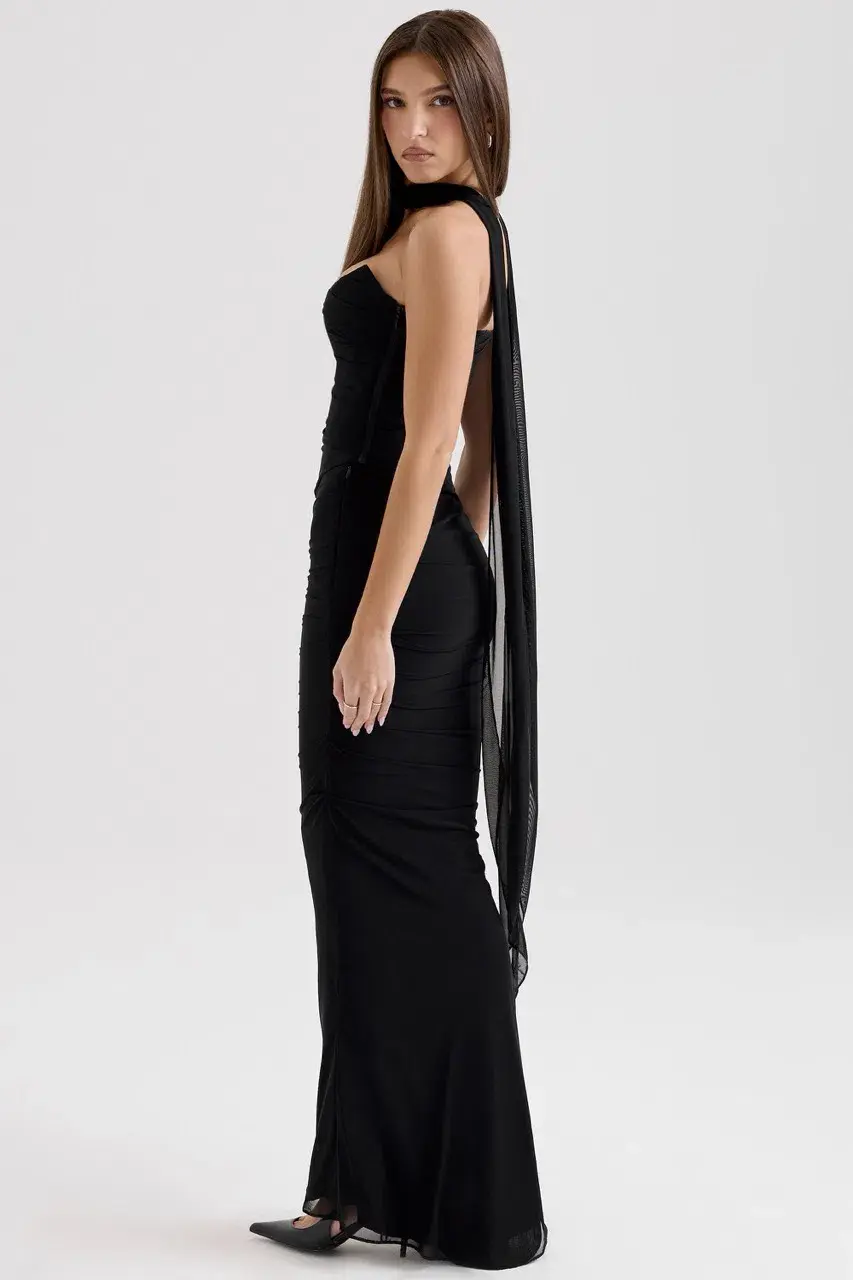 House of CB Black Hallie Strapless Corset With Neck Scarf & Cassidy Fluted Hem Maxi Skirt Set Size in Black XS / AU 6 - Image 4