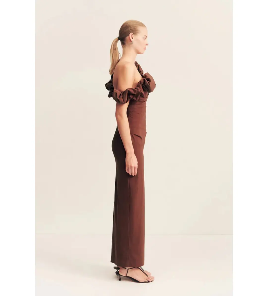 Shona Joy Cambell Ruffle Draped Maxi in Espresso Size 8  for rent on The Volte - main image
