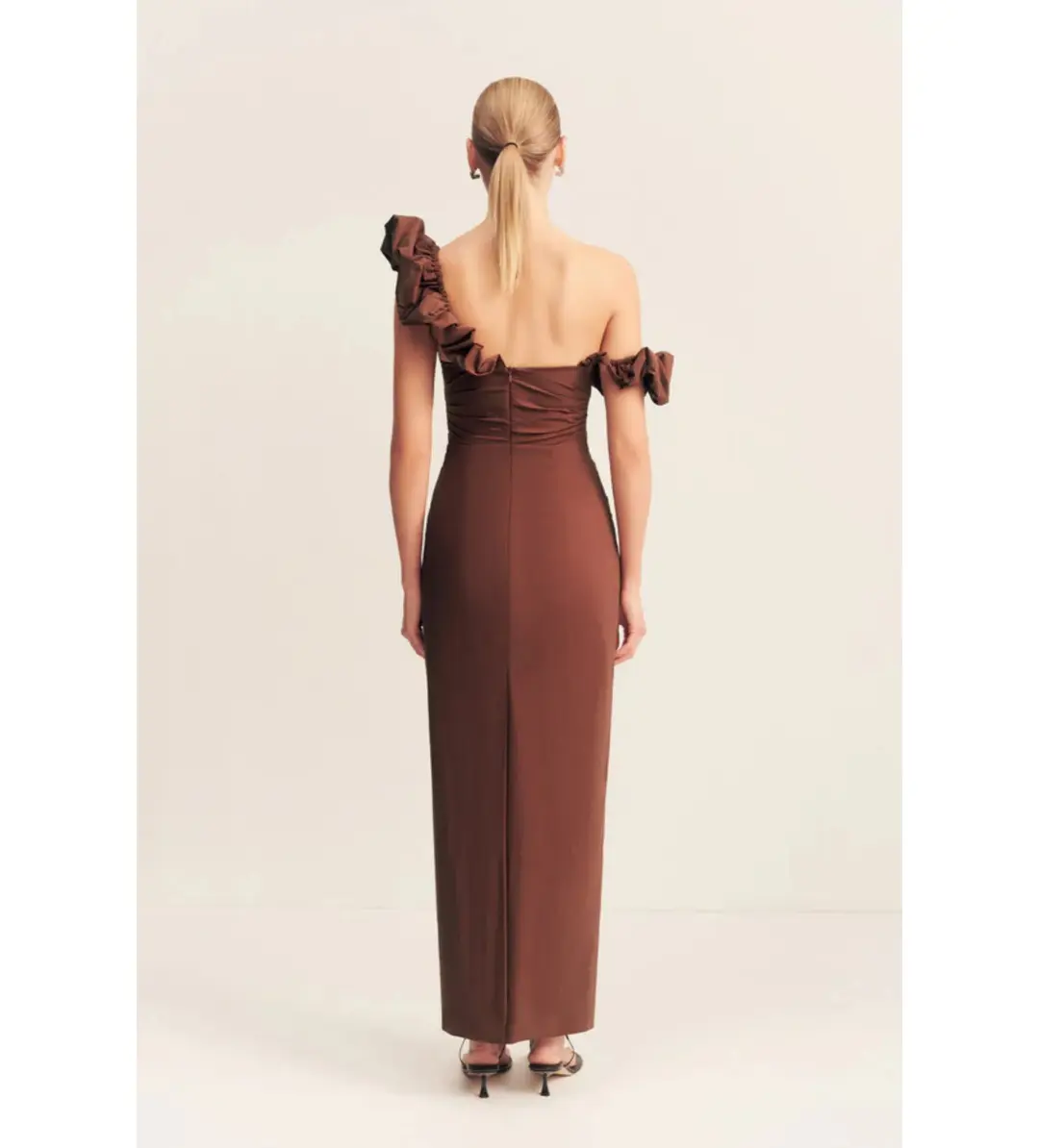 Shona Joy Cambell Ruffle Draped Maxi in Espresso Size 8  for rent on The Volte - main image