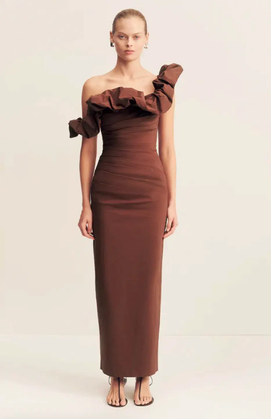 Shona Joy Cambell Ruffle Draped Maxi in Espresso Size 12 for rent on The Volte - main image