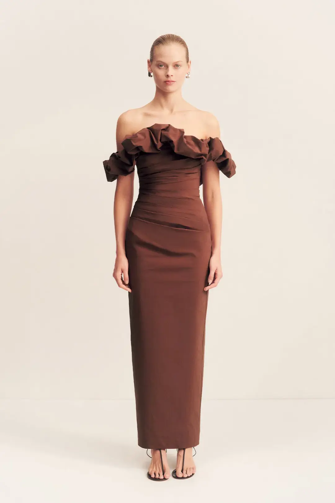 Shona Joy Campbell Ruffle Draped Maxi Dress in Espresso Size 14 for rent on The Volte - main image