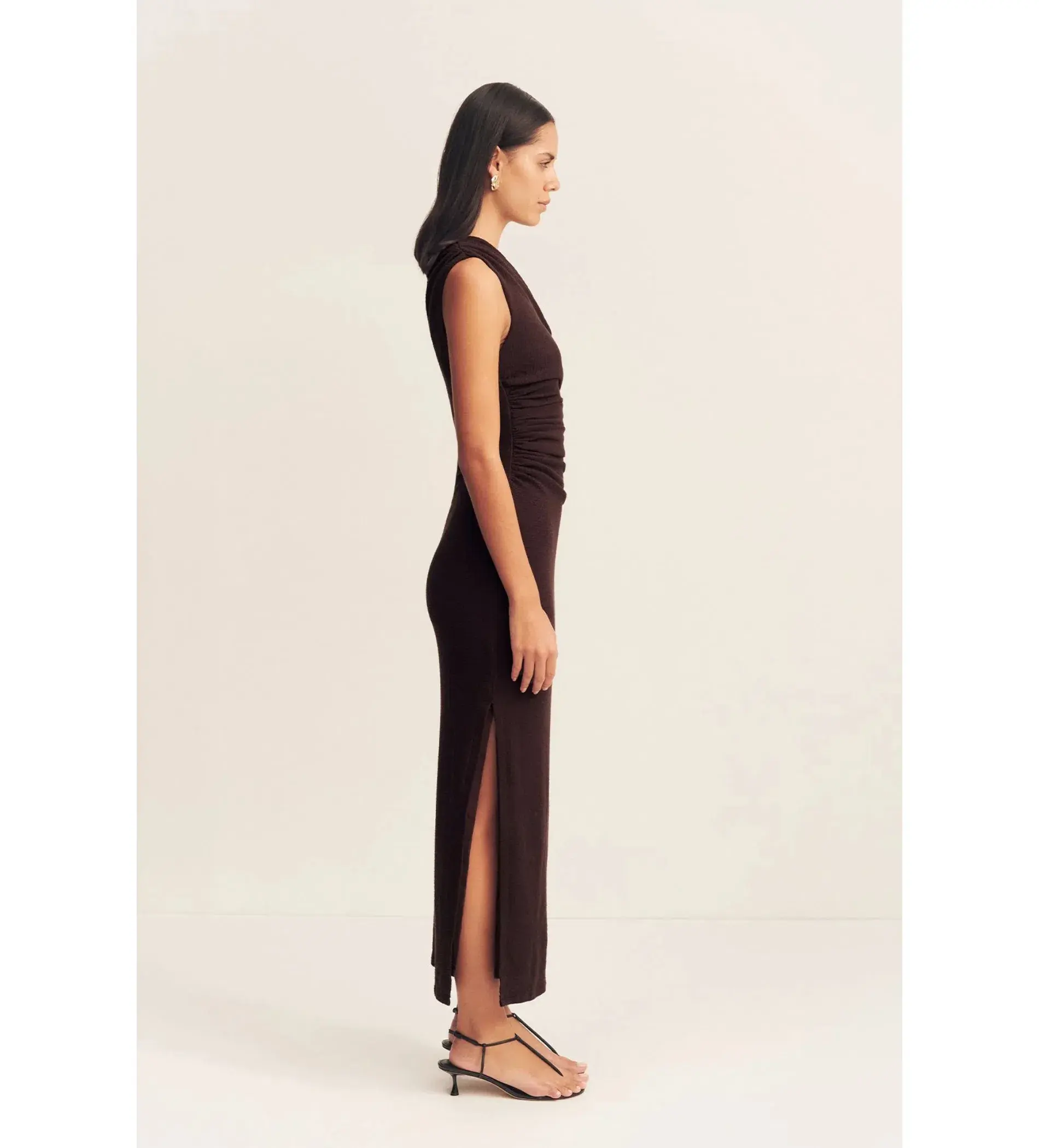 Shona Joy Beau Gathered Asymmetrical Midi Dress in Espresso Size XS / AU 6  - Image 3