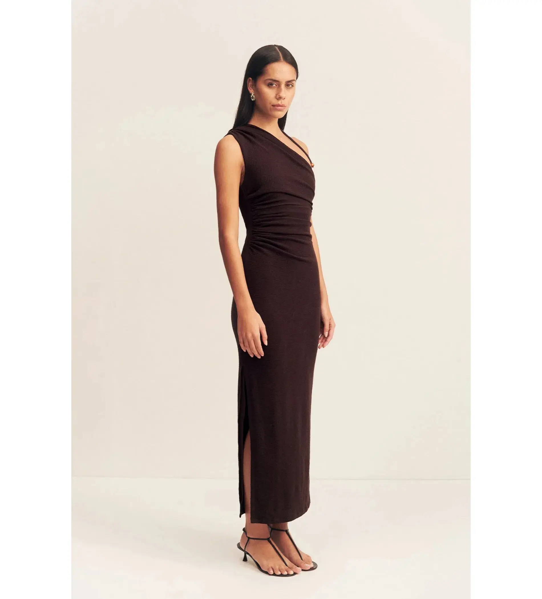 Shona Joy Beau Gathered Asymmetrical Midi Dress in Espresso Size XS / AU 6  - Image 2