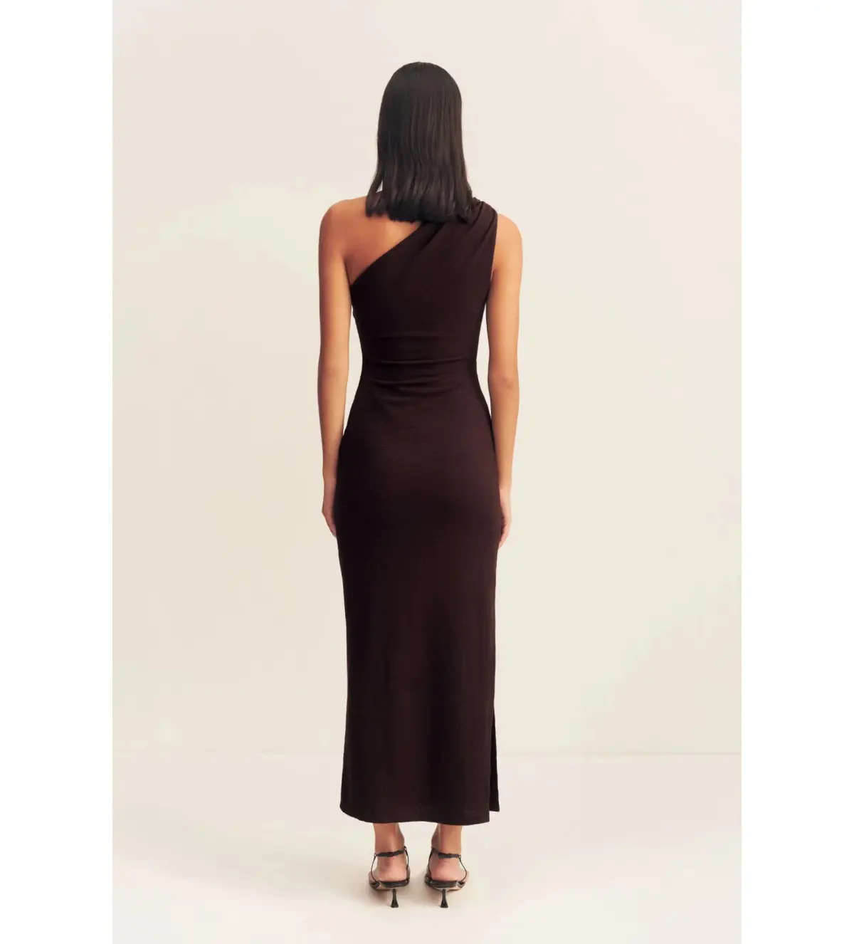 Shona Joy Beau Gathered Asymmetrical Midi Dress in Espresso Size XS / AU 6  - Image 4