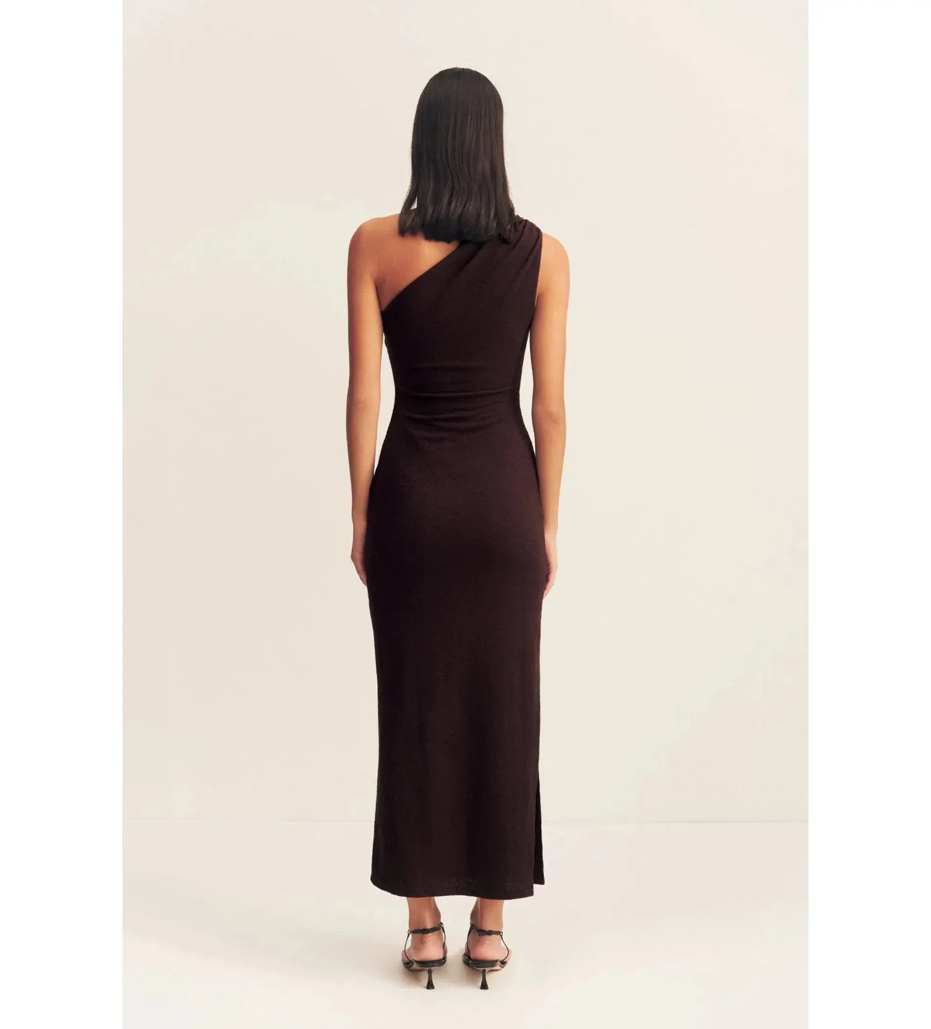 Shona Joy Beau Gathered Asymmetrical Midi Dress in Espresso Size XS / AU 6  - Image 4