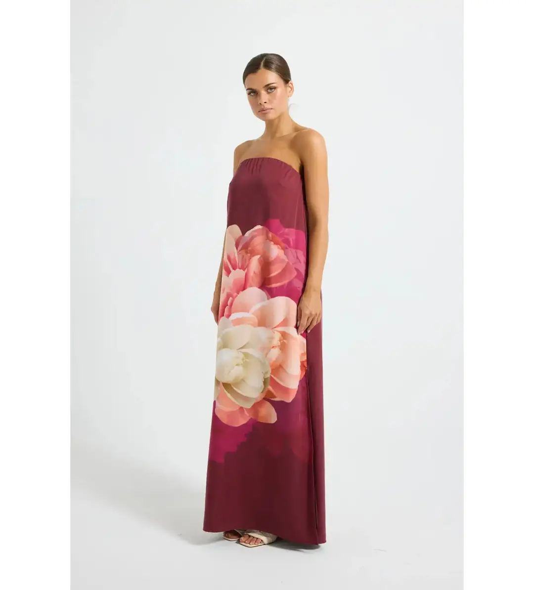 Pasduchas Romance Strapless Maxi Dress Burgundy Floral Size 12 for rent on The Volte - main image