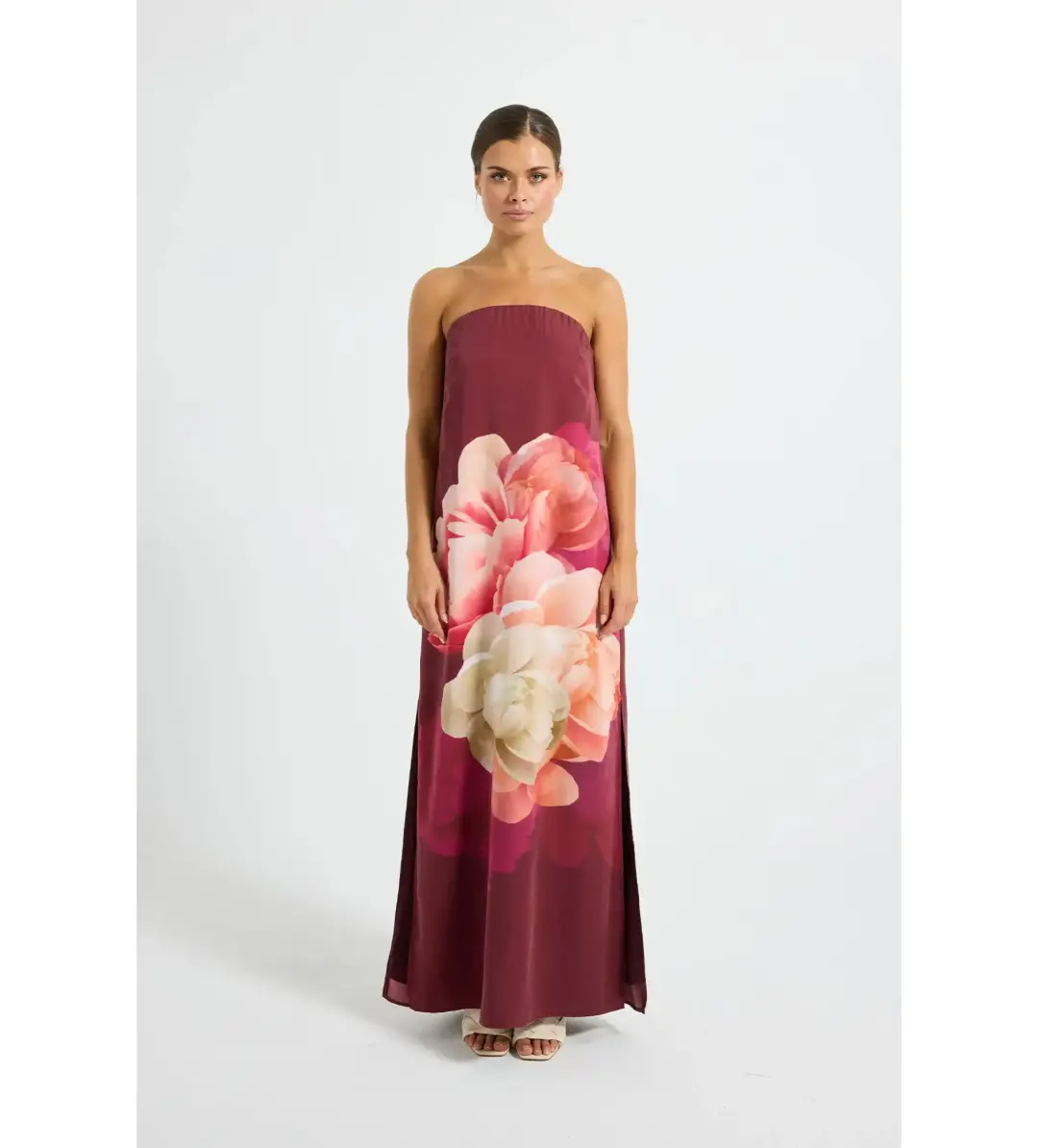 Pasduchas Romance Strapless Maxi Dress Burgundy Floral Size 12 for rent on The Volte - main image