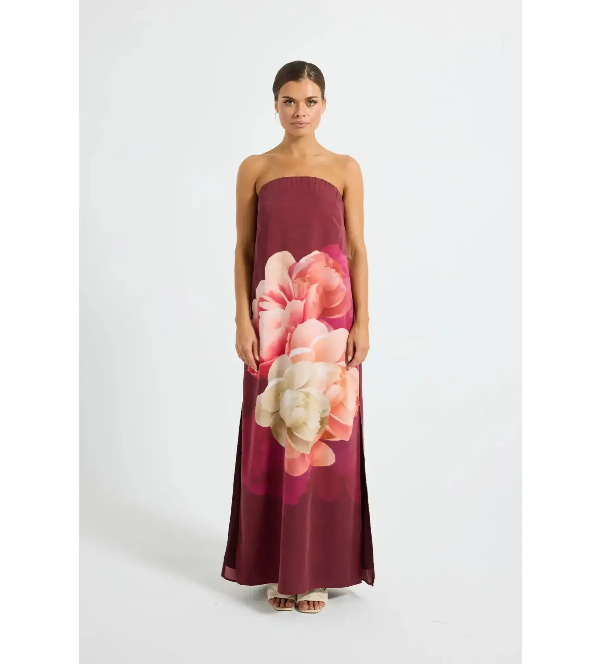 Pasduchas Romance Strapless Maxi Dress Burgundy Floral Size 12 - Image 1