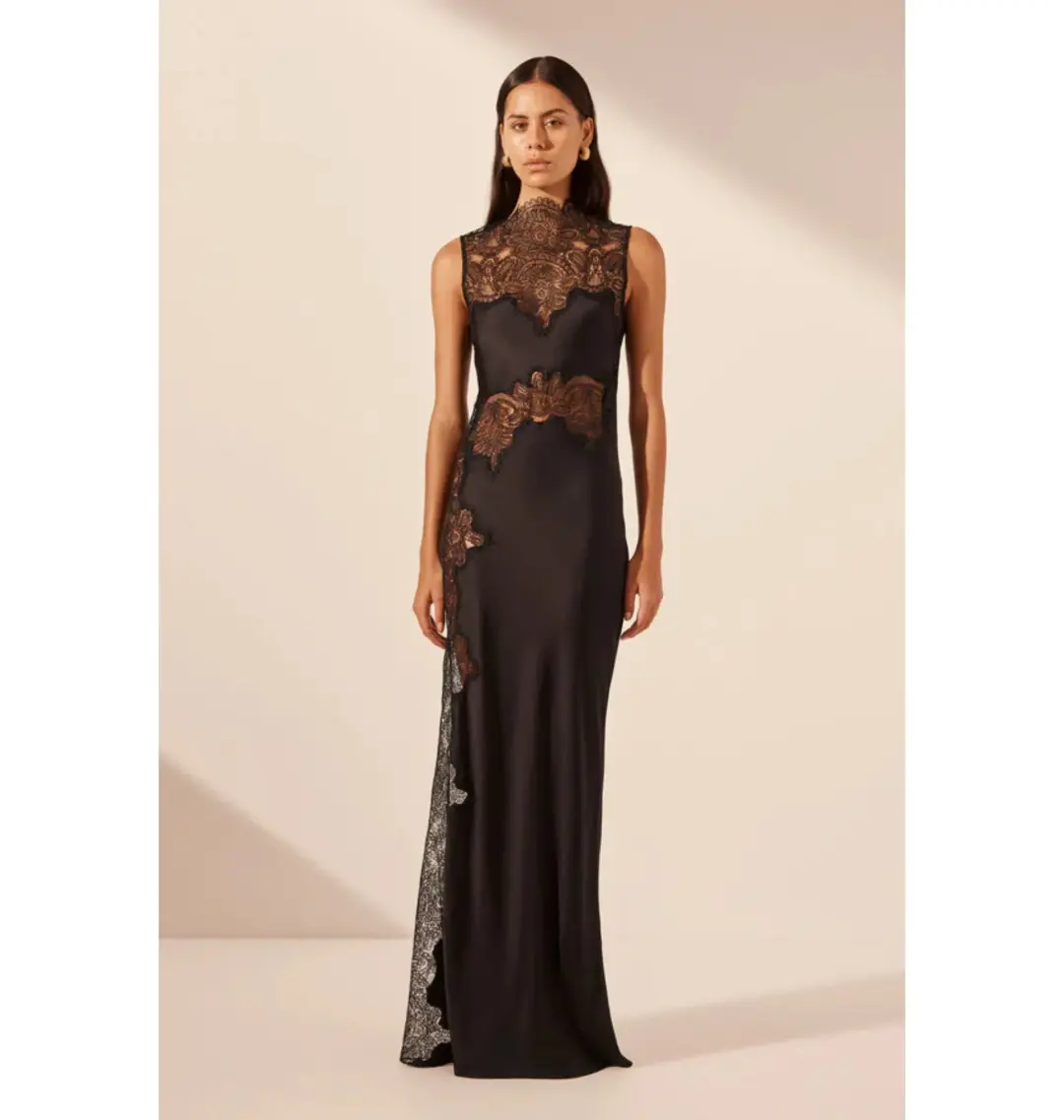 Shona Joy Jamila Lace High Neck Maxi Dress Black Size 10 for rent on The Volte - main image