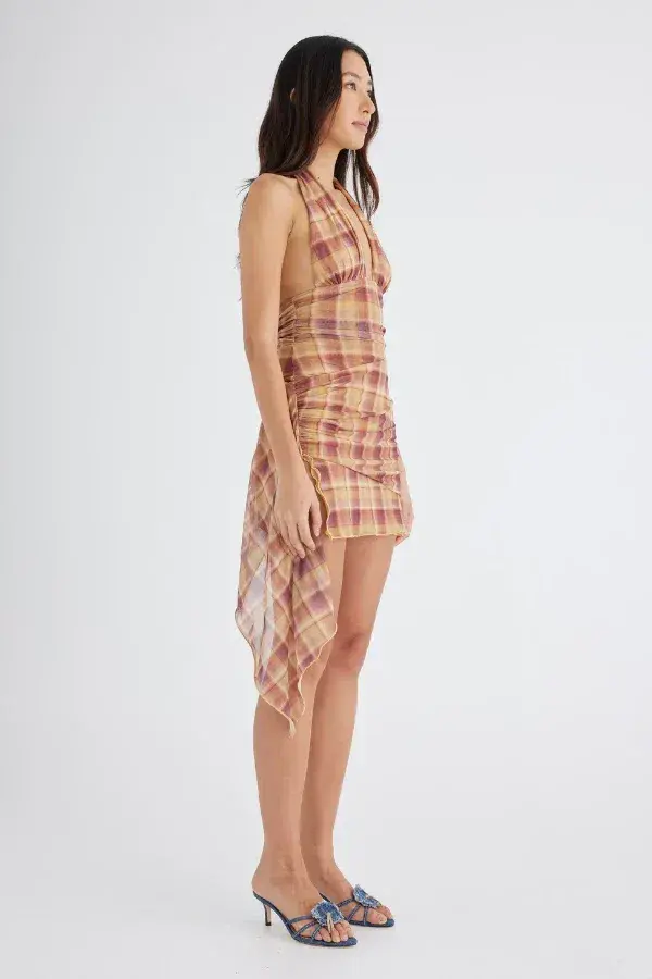Benni Penelope Halter Mini Dress Toffee Check Size AU 6  - Image 3