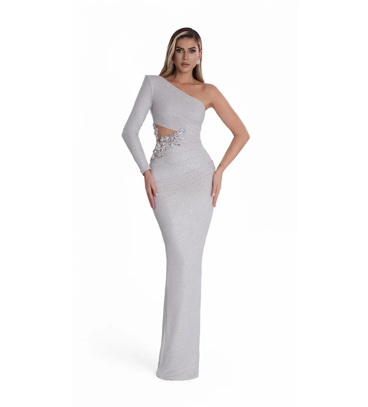 Albina Dyla Embellished One-Sleeve Gown in Crystal Size XS / AU 6 - Image 1