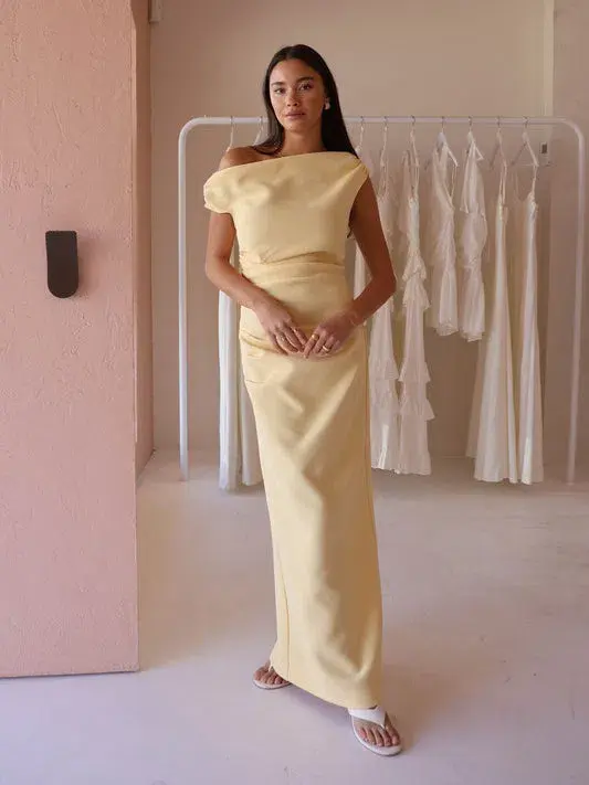 By Nicola Vivian Crepe Maxi Dress in Lemon Yellow Size 14 for rent on The Volte - main image