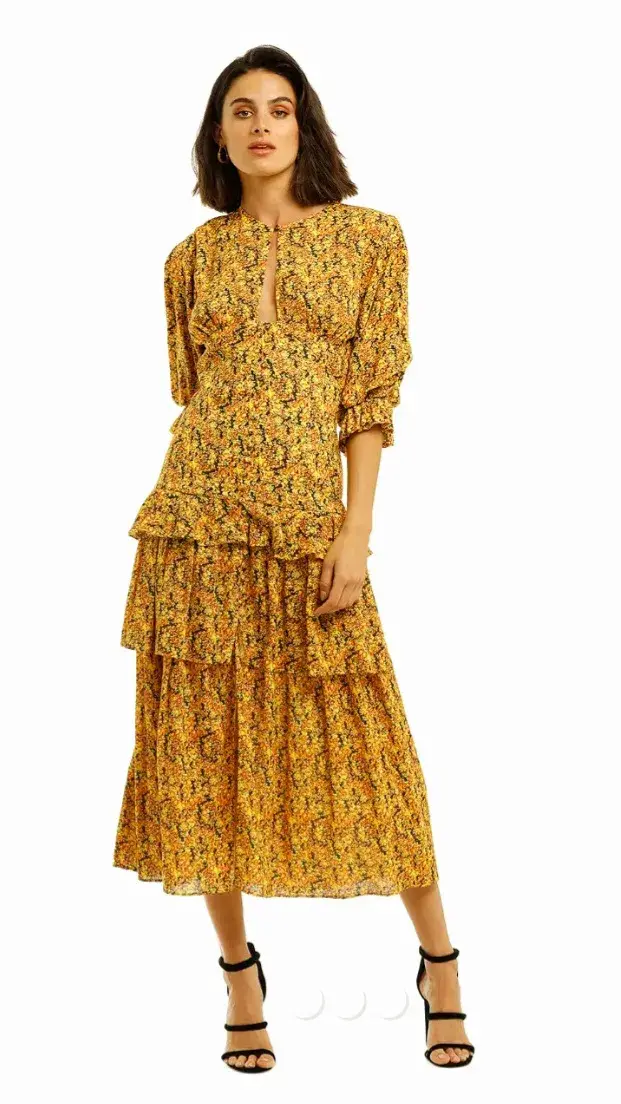 Camilla and Marc Rimini Tiered Midi Dress in Yellow Small Floral Print Size 8  - Image 1