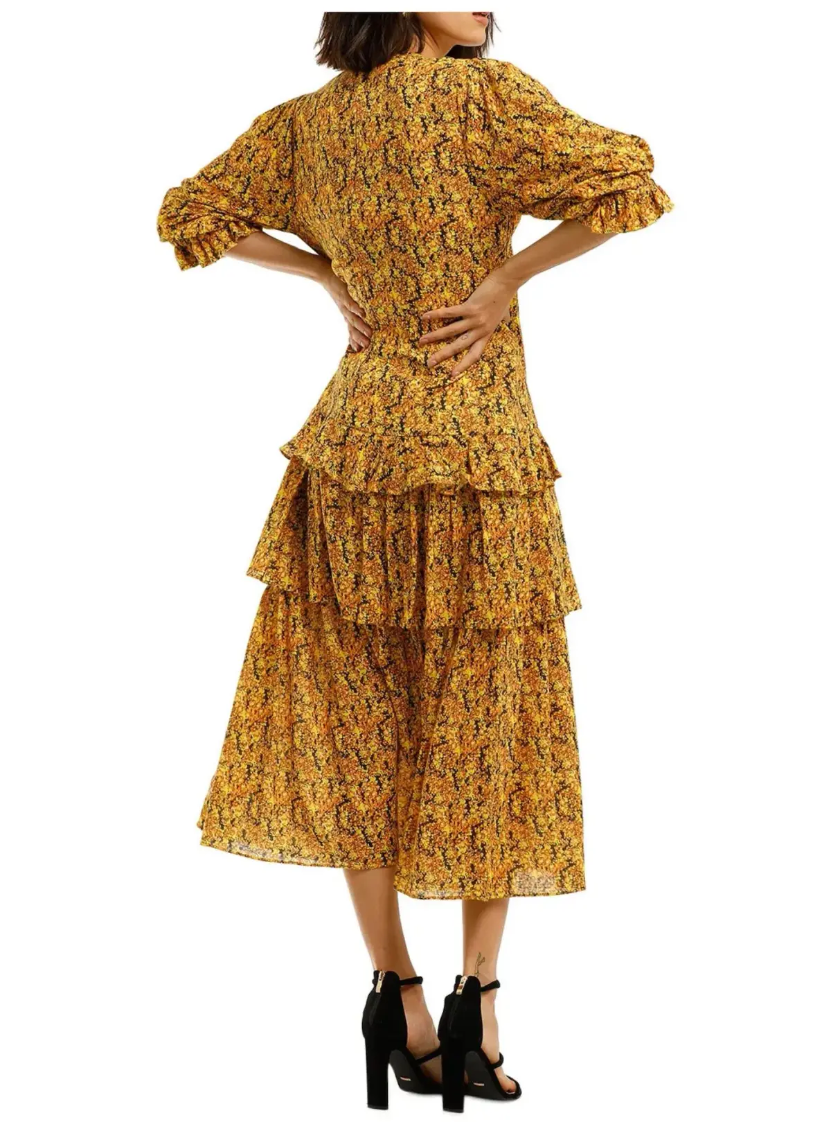 Camilla and Marc Rimini Tiered Midi Dress in Yellow Small Floral Print Size 8  - Image 2