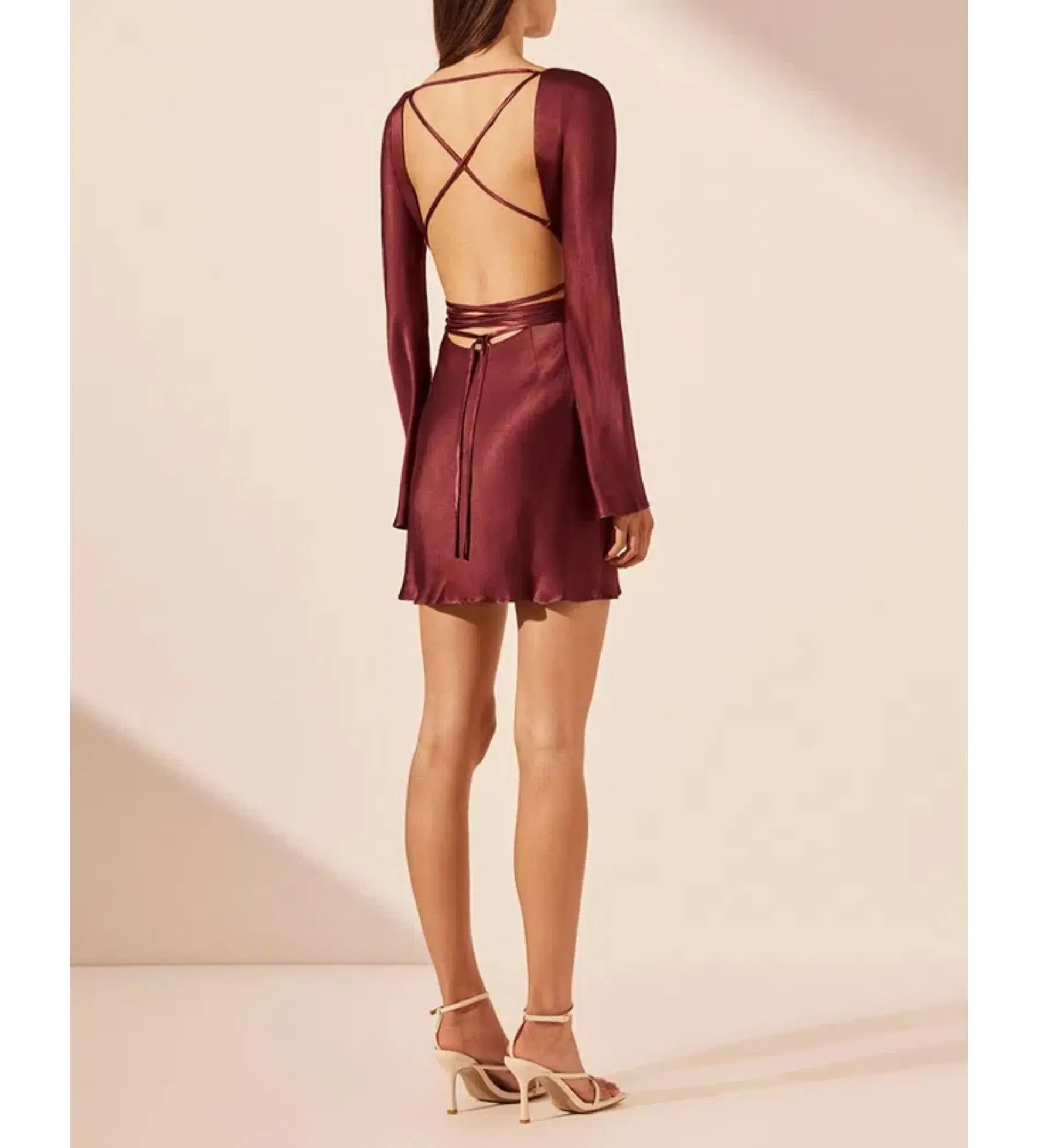 Shona Joy Elia Long Sleeve Open Back Tie Mini Dress Burgundy Size 10 - Image 2