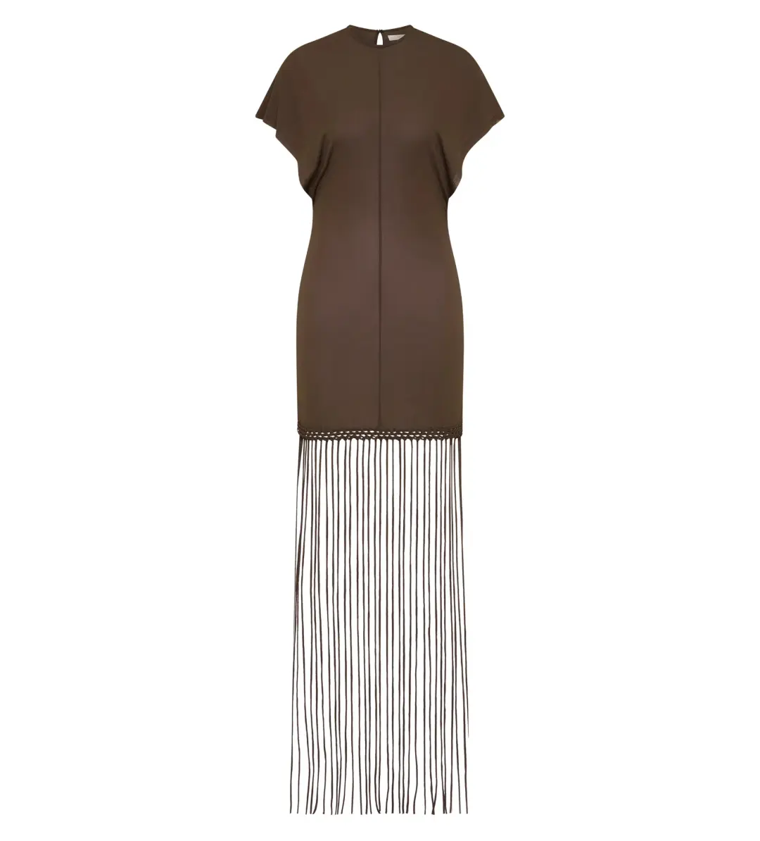 Faithfull the Brand Brita Fringe Mini Dress Chocolate Brown Size 10/M for rent on The Volte - main image