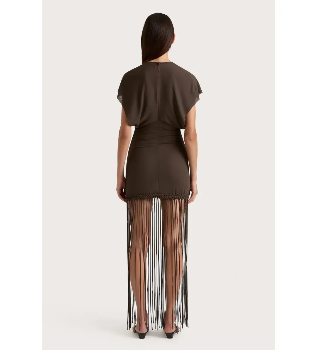 Faithfull the Brand Brita Fringe Mini Dress Chocolate Brown Size 10/M for rent on The Volte - main image