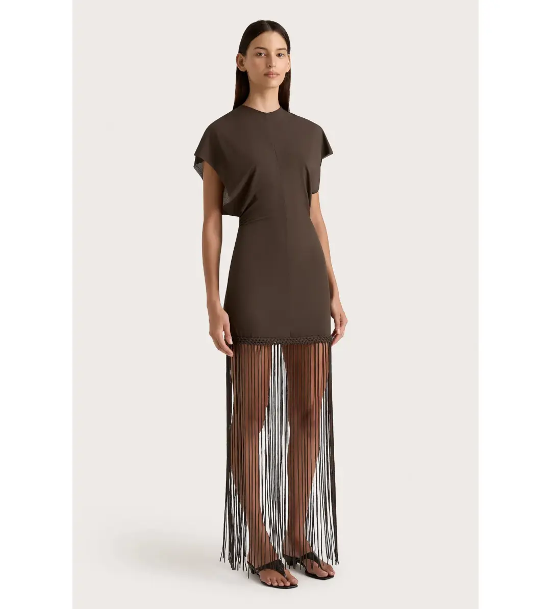Faithfull the Brand Brita Fringe Mini Dress Chocolate Brown Size 10/M for rent on The Volte - main image