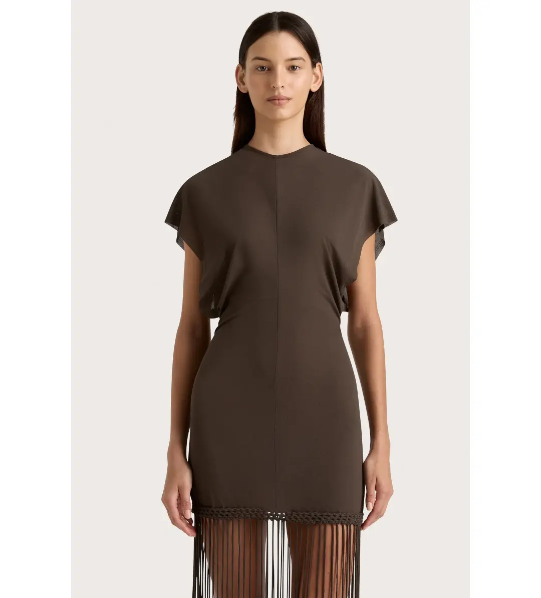 Faithfull the Brand Brita Fringe Mini Dress Chocolate Brown Size 10/M for rent on The Volte - main image