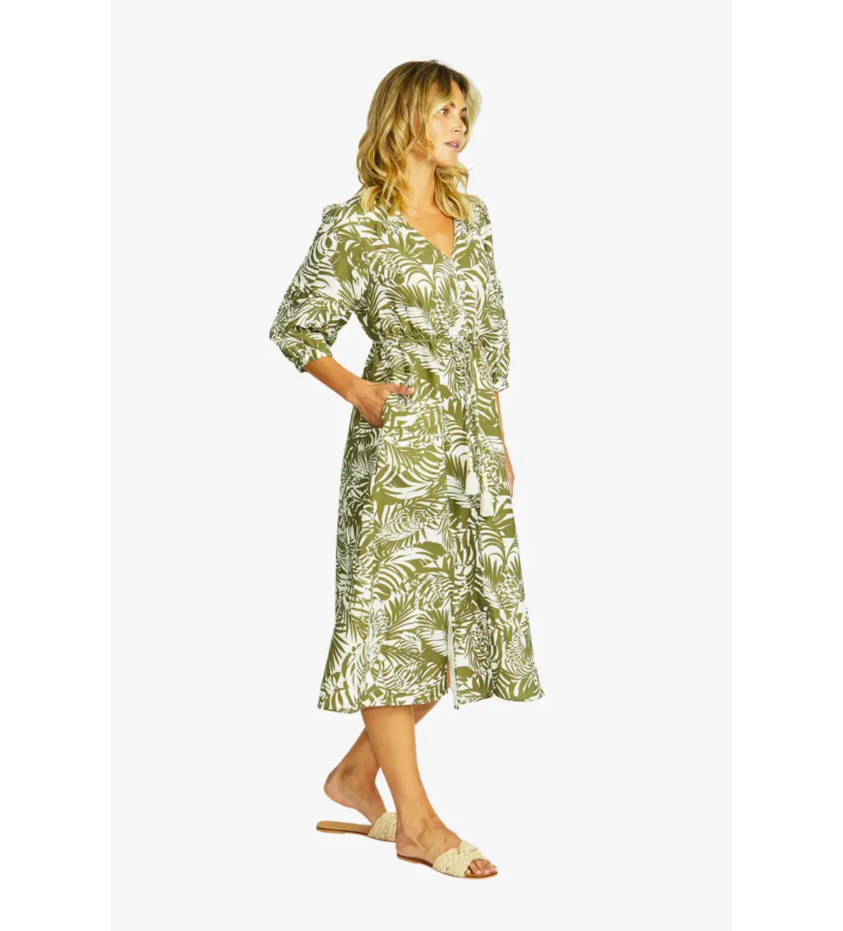Ping Pong Flora V-Neck Button Midi Dress in Green Size 10/M - Image 3