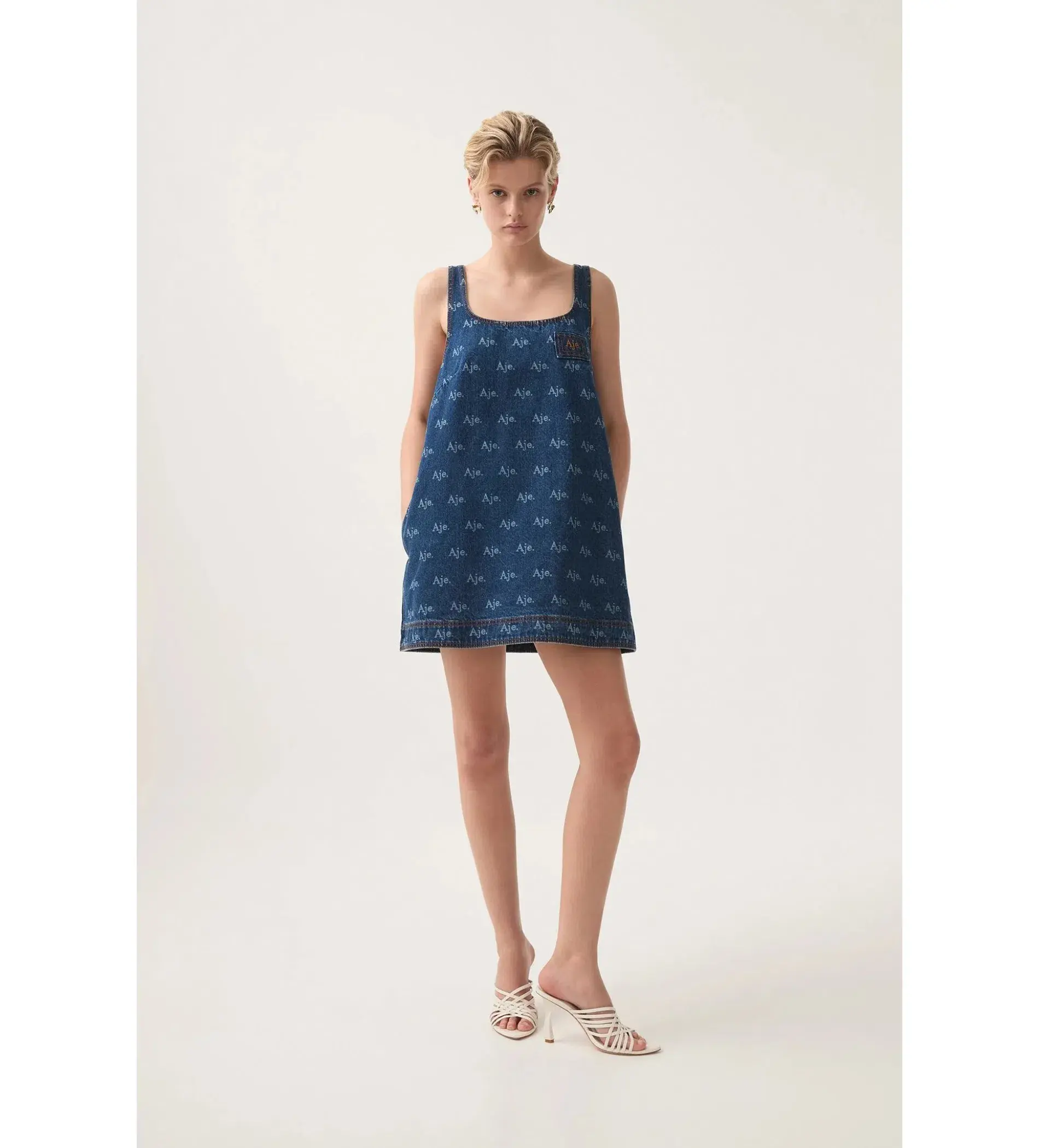 Aje Ratio Logo Denim Mini Dress Blue Print Size AU 6 - Image 1