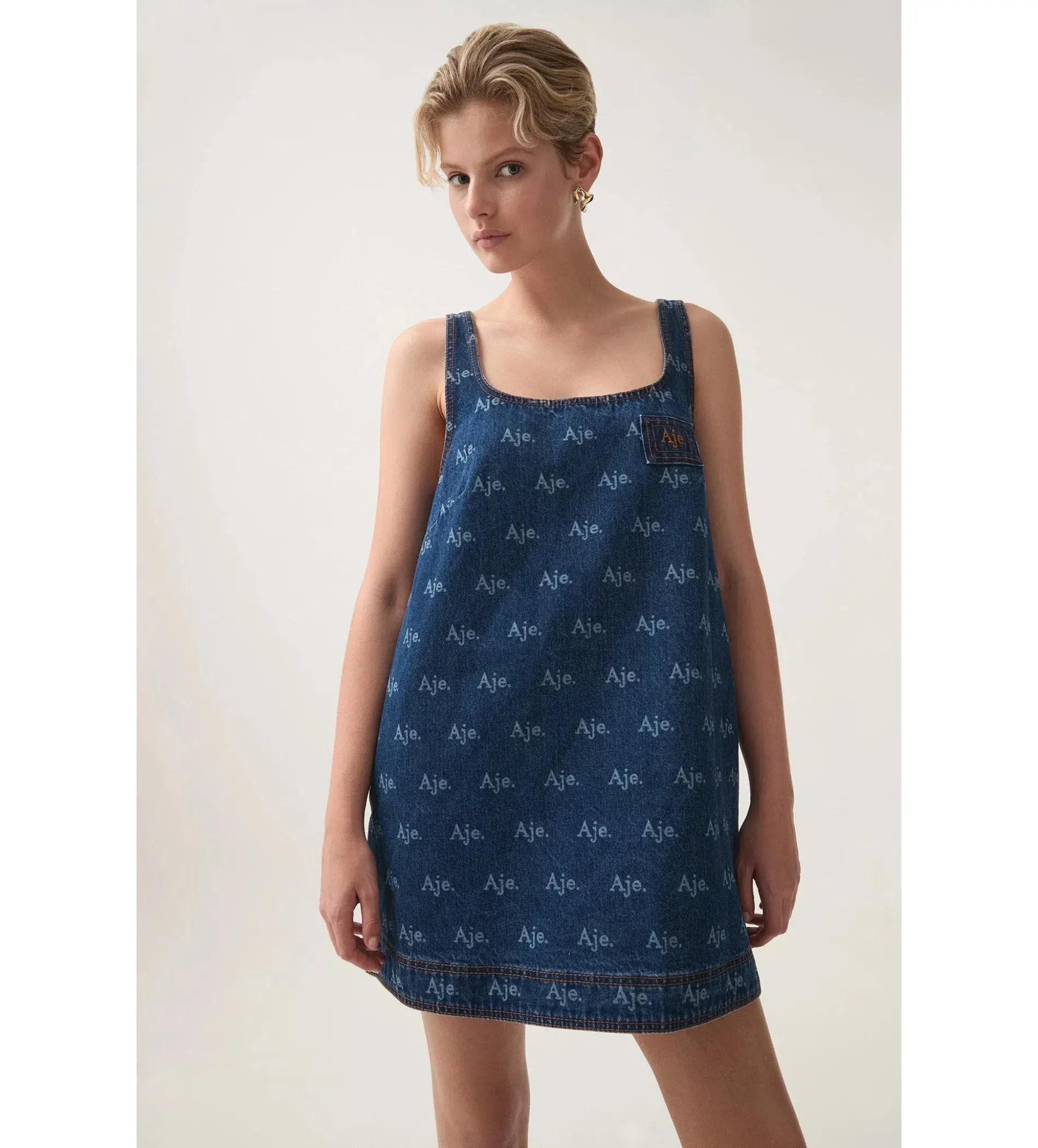 Aje Ratio Logo Denim Mini Dress Blue Print Size AU 6 - Image 4