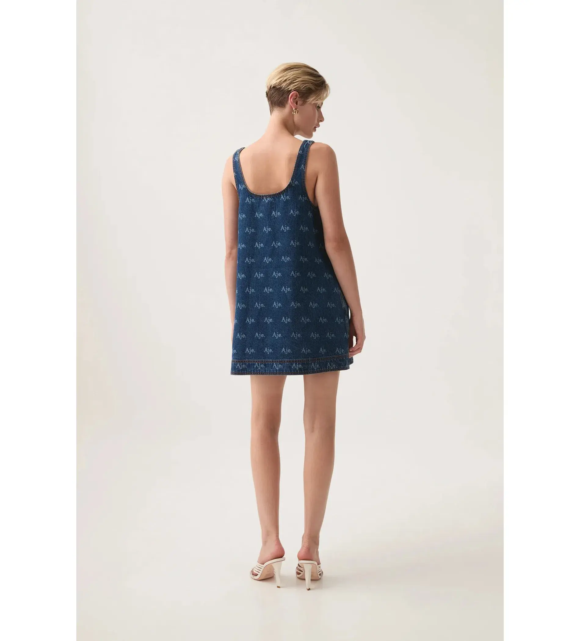 Aje Ratio Logo Denim Mini Dress Blue Print Size AU 6 - Image 3