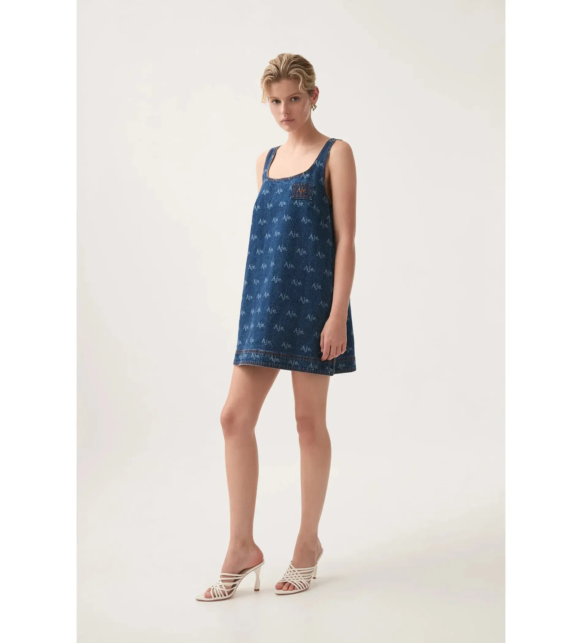 Aje Ratio Logo Denim Mini Dress Blue Print Size AU 6 - Image 2