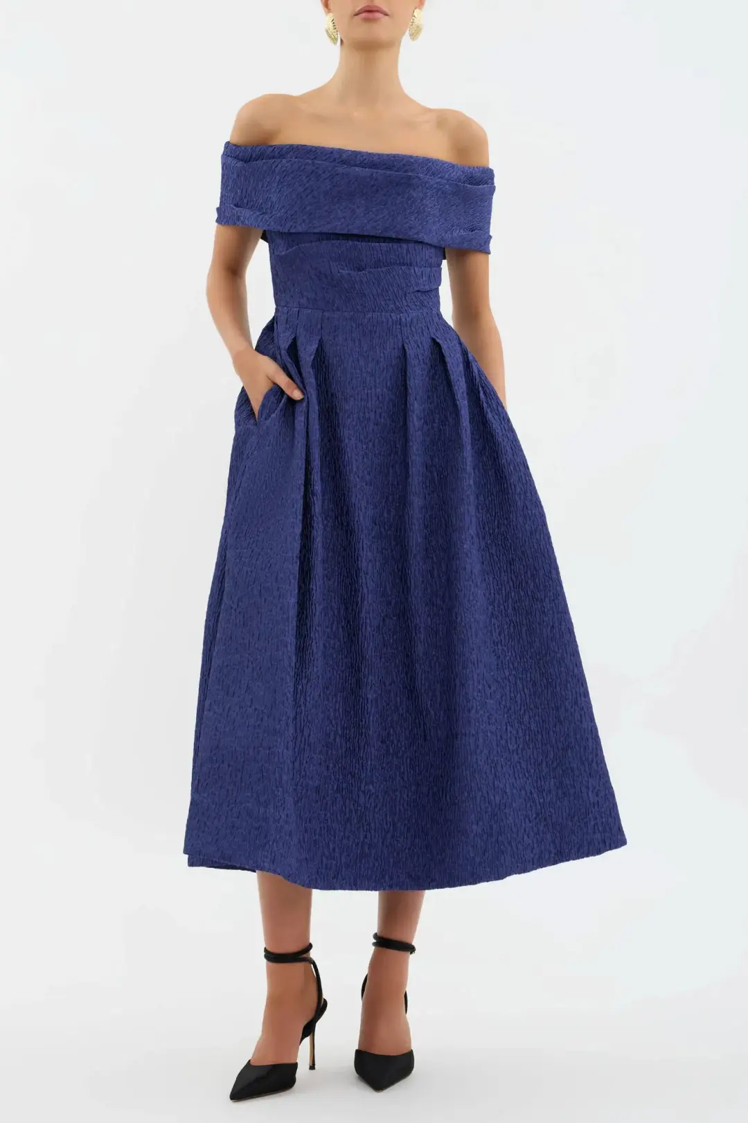 Rebecca Vallance Helene Off Shoulder Midi Dress Blue Size 10 for rent on The Volte - main image