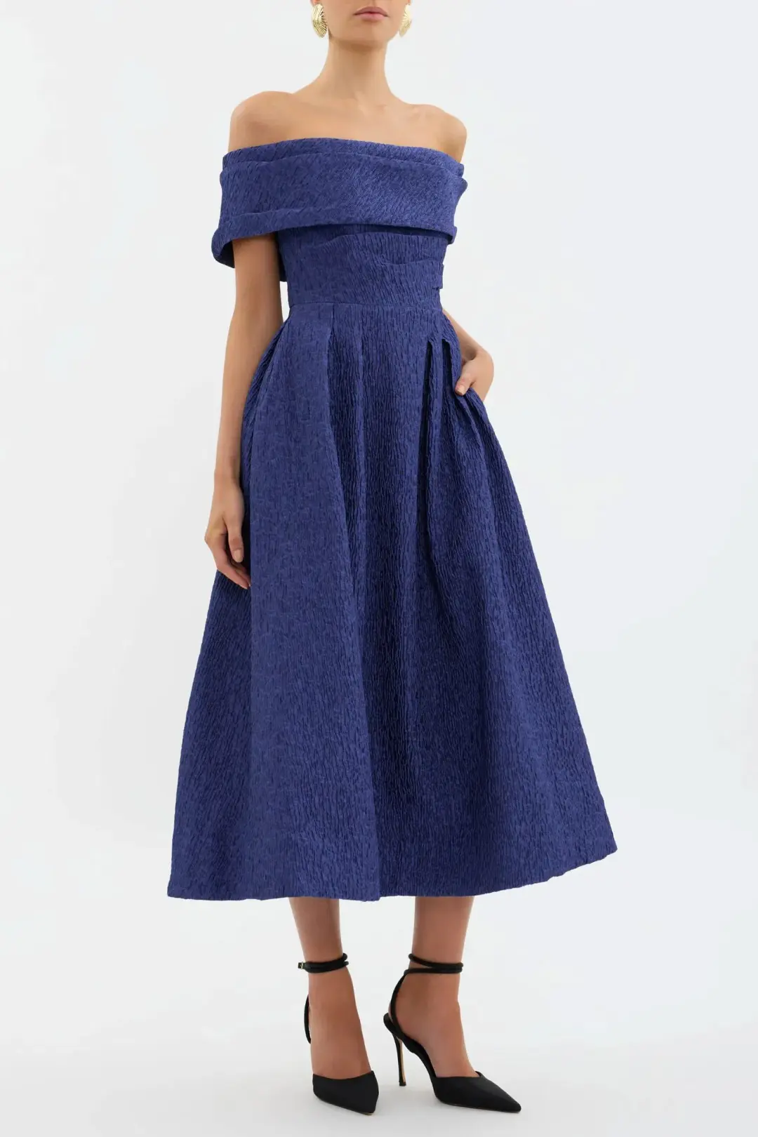 Rebecca Vallance Helene Off Shoulder Midi Dress Blue Size 10 for rent on The Volte - main image