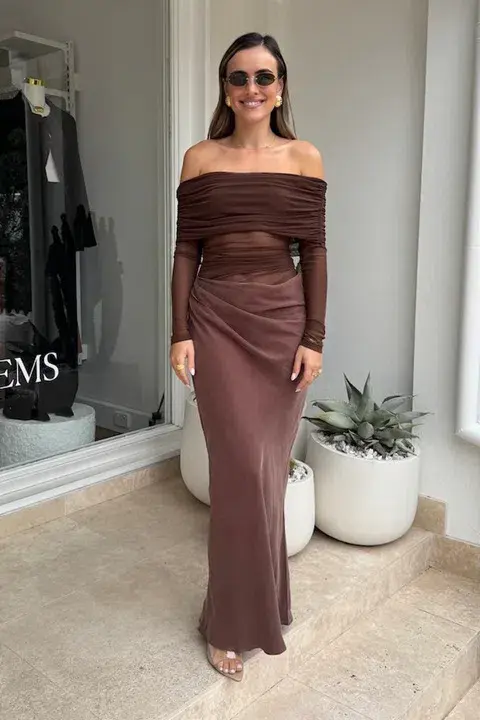 Benni Yasmin Off Shoulder Dress Chocolate Size 8 - Image 1