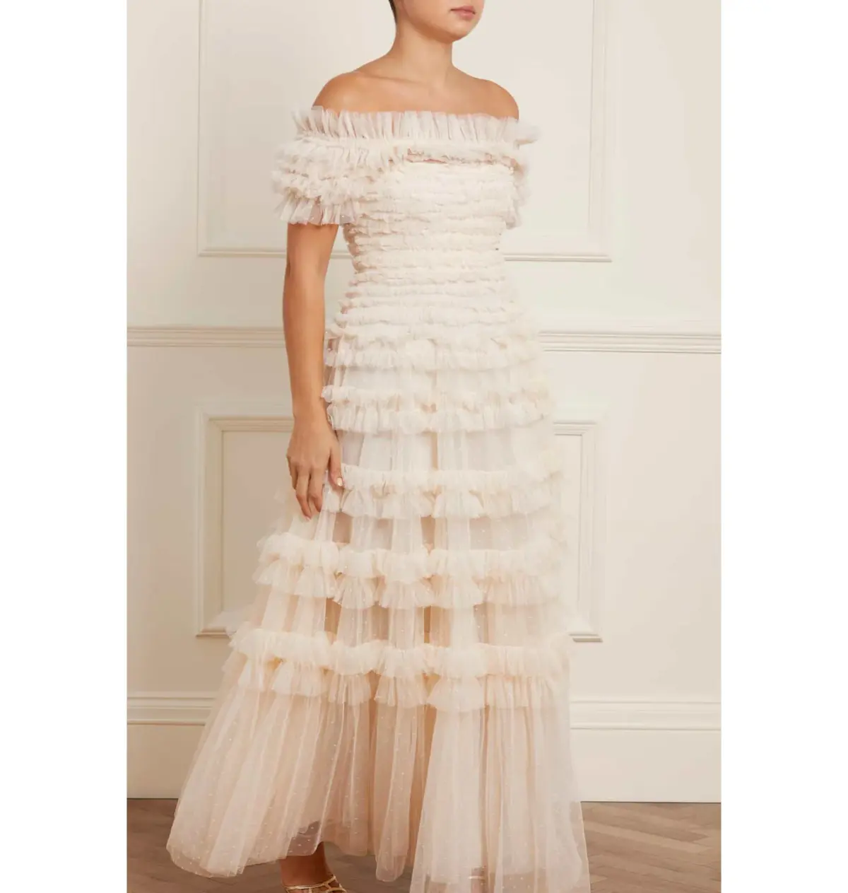 Needle and Thread Lisette Ruffle Off Shoulder Gown Champagne Size 6 - Image 1