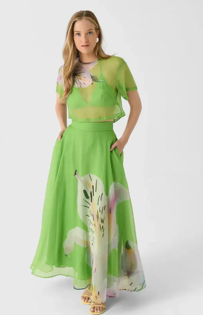 Leo Lin Indie Sleeve Top & Valeria Skirt Set Lily Print in Parakeet Size 10  - Image 1
