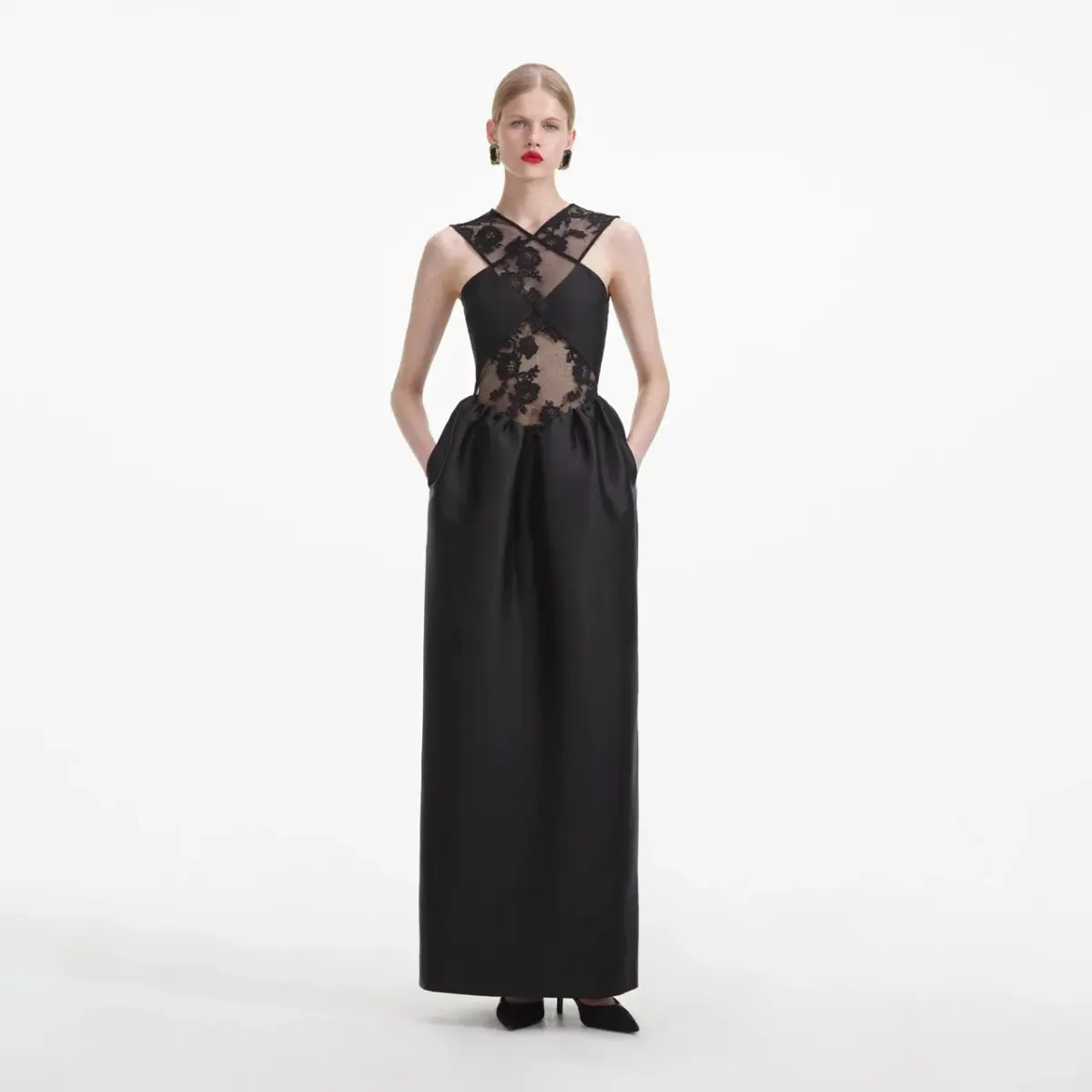 Self-Portrait Lace-trim Taffeta Maxi Dress in Black Size 8 - Image 2