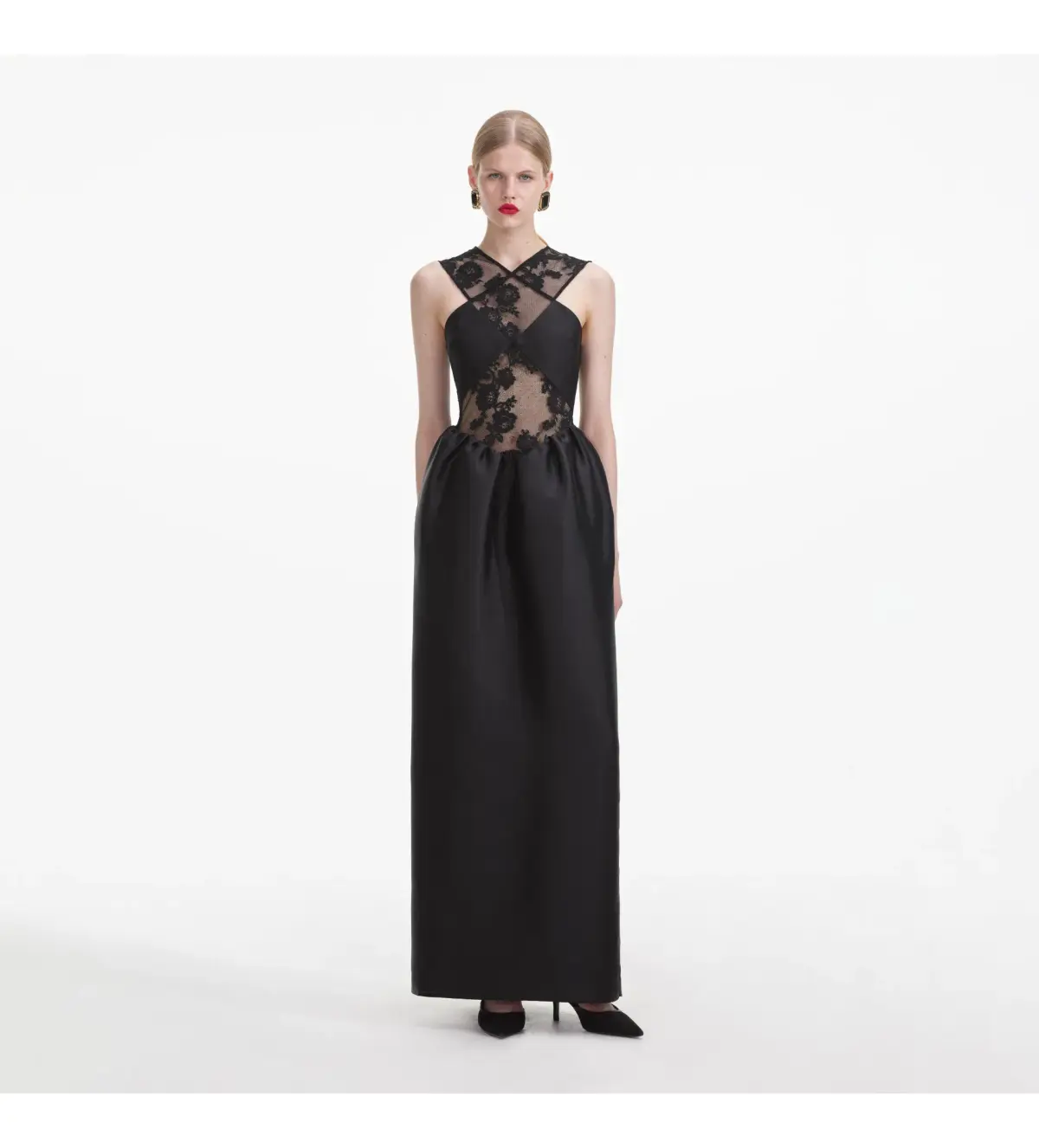 Self Portrait Lace Taffeta Maxi Dress in Black Size 12 - Image 1