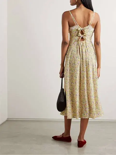Doen Venus Corded Lace Trimmed Floral Silk Midi Dress Size AU 8 - Image 4