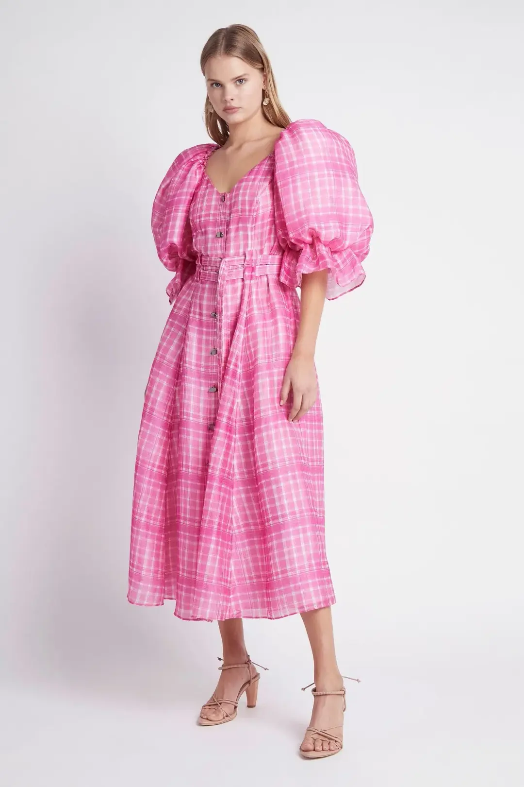 Aje Bungalow Gingham Puff Sleeve Midi Dress Pink  Size AU 6 for rent on The Volte - main image