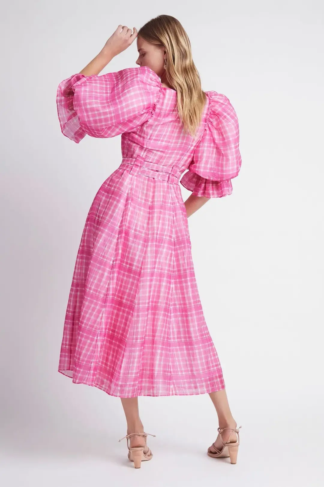 Aje Bungalow Gingham Puff Sleeve Midi Dress Pink  Size AU 6 for rent on The Volte - main image