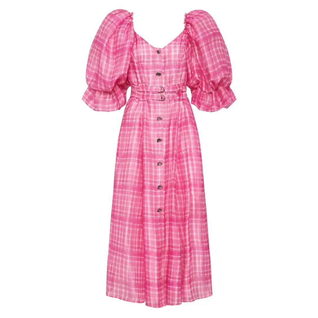 Aje Bungalow Gingham Puff Sleeve Midi Dress Pink  Size AU 6 for rent on The Volte - main image