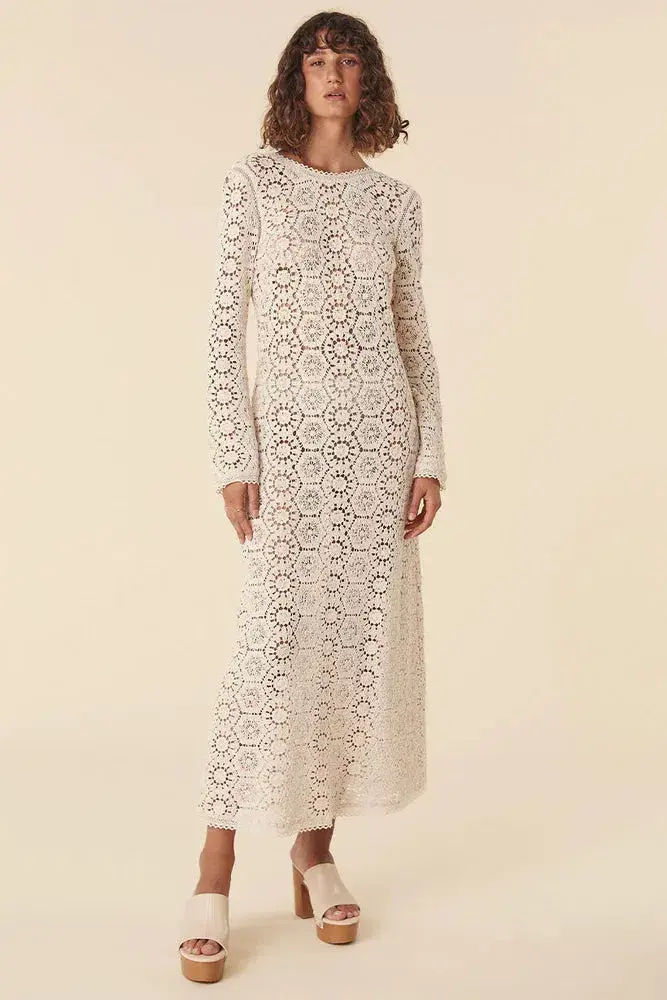 Spell Helena Crochet Lace Midi Dress Cream Size L AU 12 - Image 1