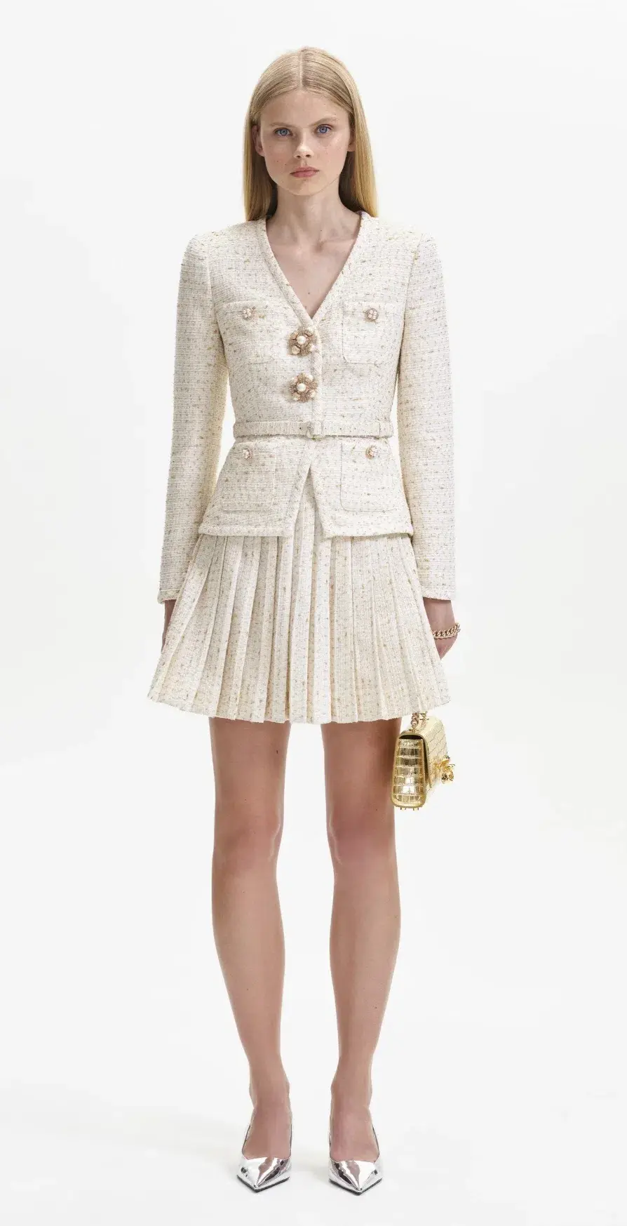 Self-Portrait Cream Metallic Boucle Mini Jacket Dress Size AU 8 - Image 2