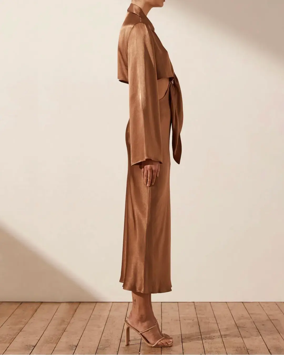 Shona Joy Felicity Long Sleeve Tie Front Midi Dress Brown Size S AU 8 for rent on The Volte - main image