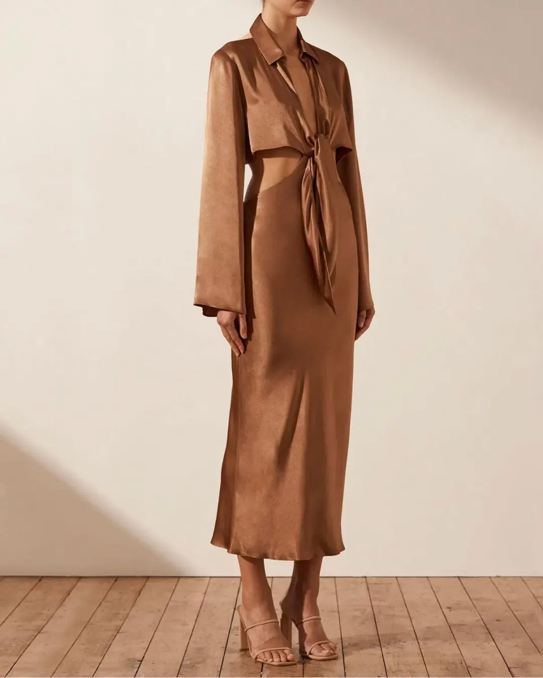 Shona Joy Felicity Long Sleeve Tie Front Midi Dress Brown Size S AU 8 for rent on The Volte - main image