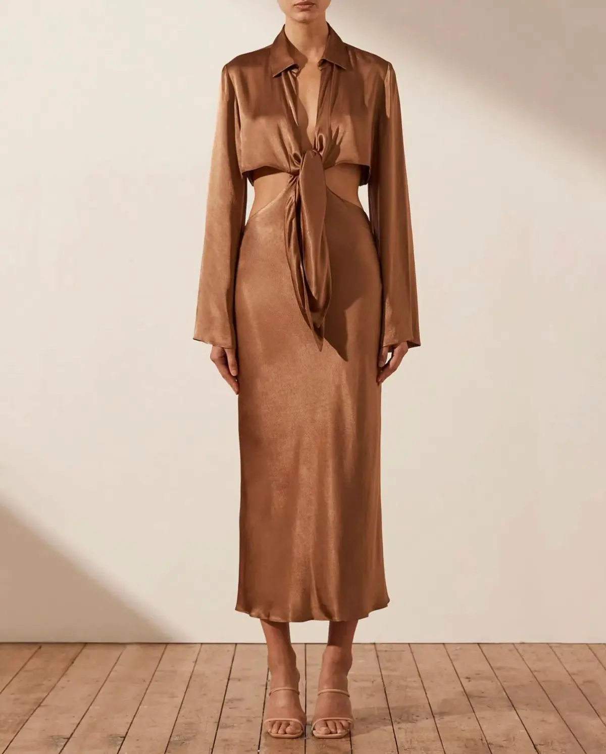 Shona Joy Felicity Long Sleeve Tie Front Midi Dress Brown Size S AU 8 - Image 1