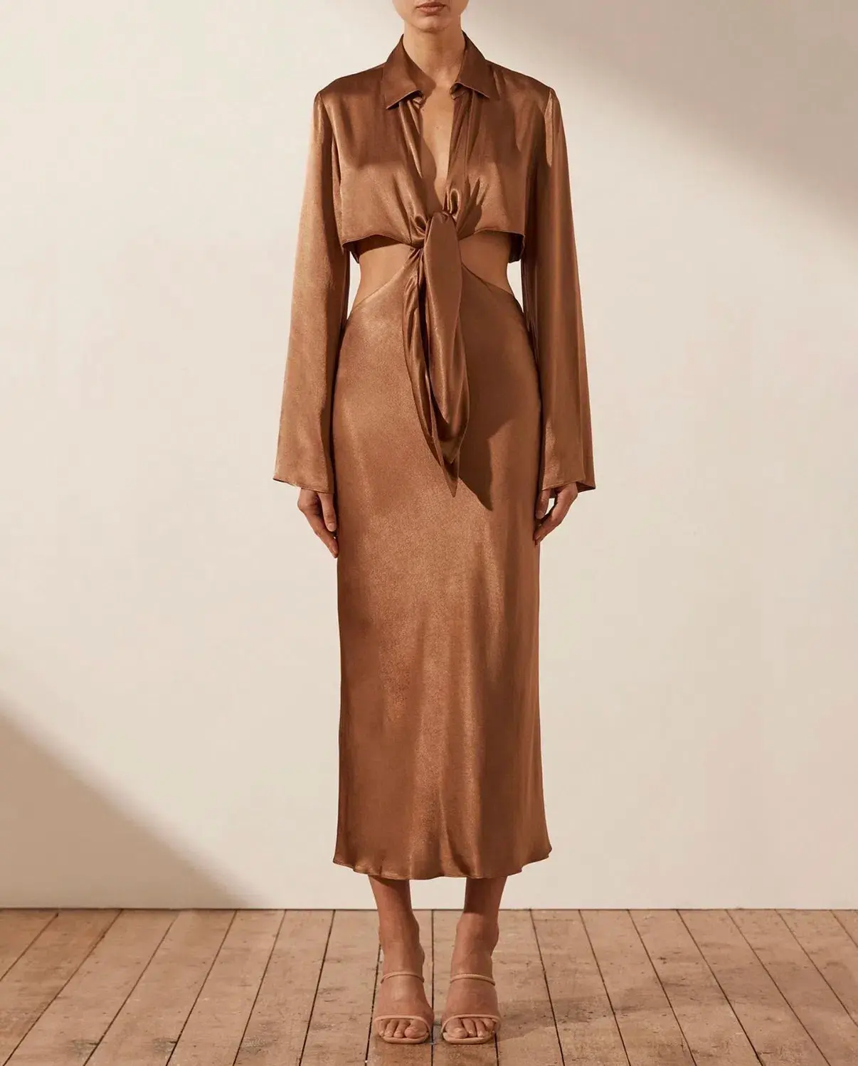 Shona Joy Felicity Long Sleeve Tie Front Midi Dress Brown Size S AU 8 - Image 1