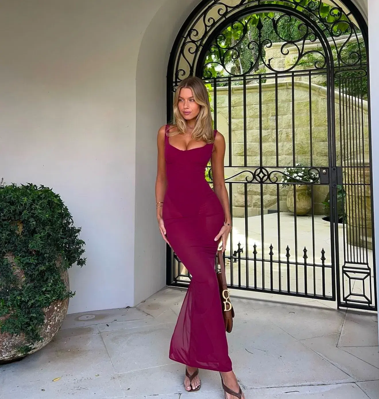 House Of Cb Robina Stretch Mesh Maxi Dress Wine  Size 6  - Image 3