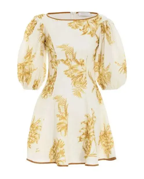 Zimmermann Puff Sleeve Pineapple-Print Linen Mini Dress Yellow Print Size 0 / AU 8 - Image 4
