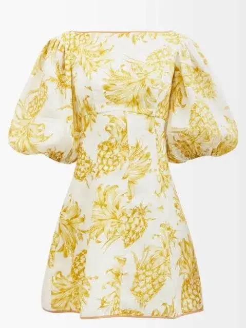 Zimmermann Puff Sleeve Pineapple-Print Linen Mini Dress Yellow Print Size 0 / AU 8 - Image 3