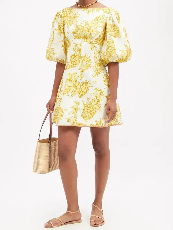 Zimmermann Puff Sleeve Pineapple-Print Linen Mini Dress Yellow Print Size 0 / AU 8 - Image 1